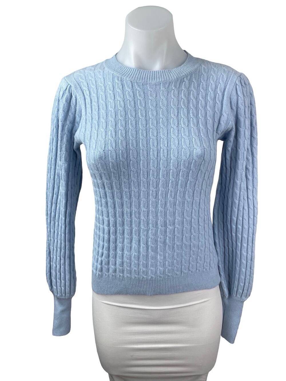 Cyrus Women's Blue Cable Knit Crew Neck Long Balloon Sleeve Sweater Top Size XS